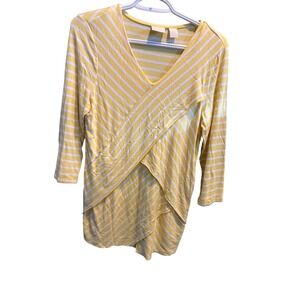 Chicos Yellow White Stripe Asymmetrical Wrap V Neck 3/4 Sleeve Top Womens Size 0